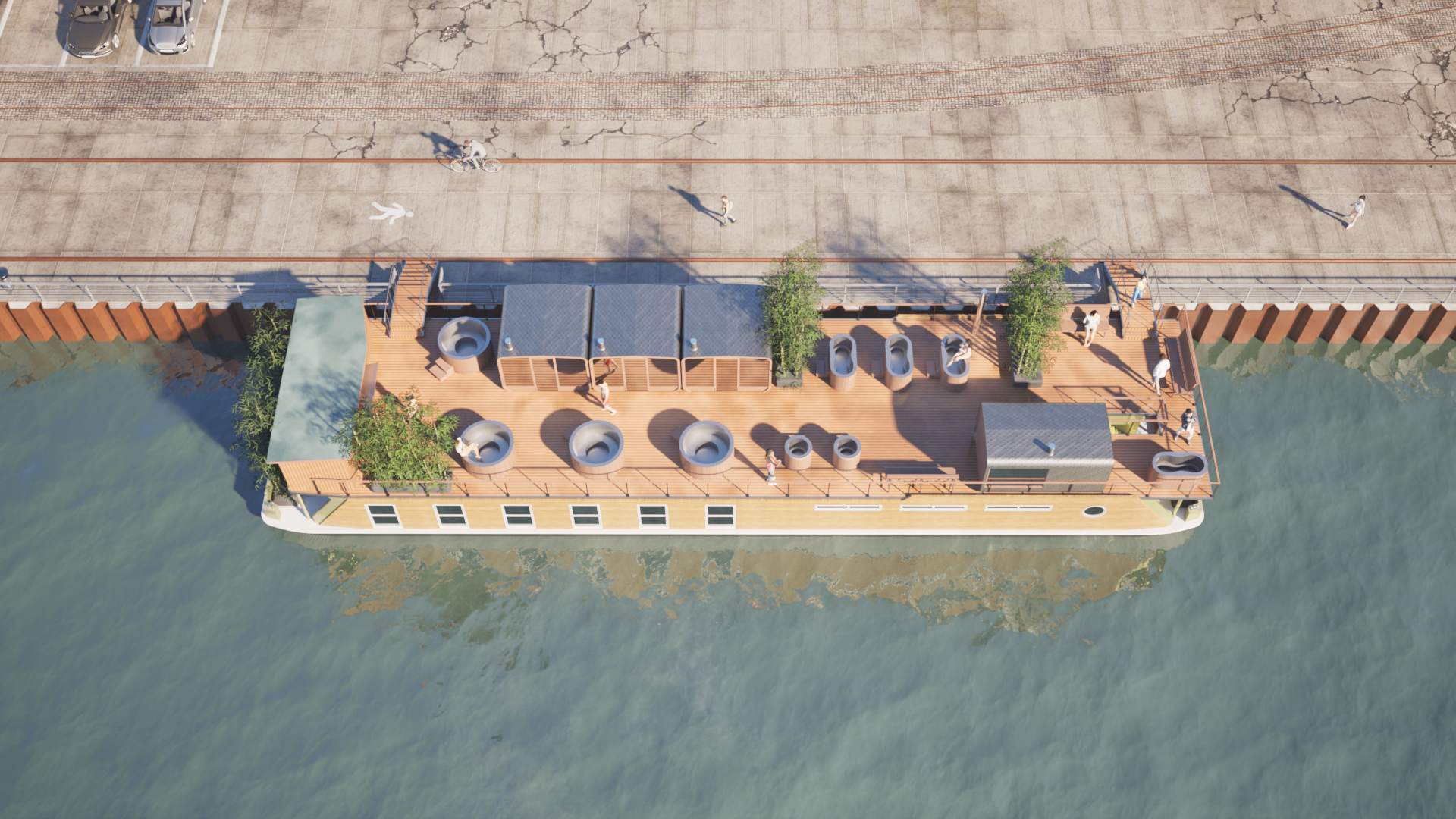 The finished SpaDeck ship — hot tubs, saunas and rooftop spa on the Berlin Spree